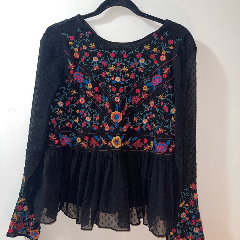 Zara Black Blouse with Colorful Floral Embroidery